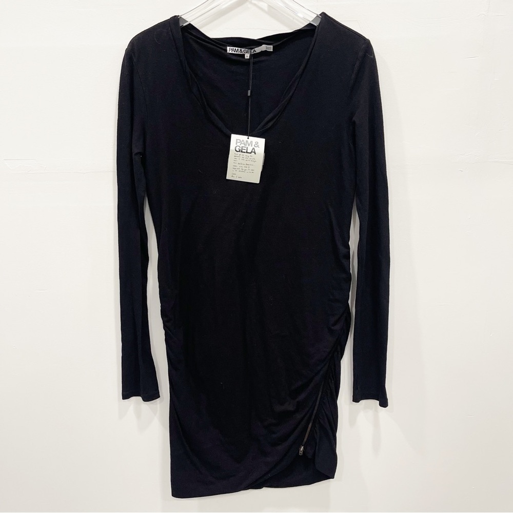 Pam & Gela Black V-Neck Dress Medium Ruched Side Zipper Long Sleeve Cotton Blend